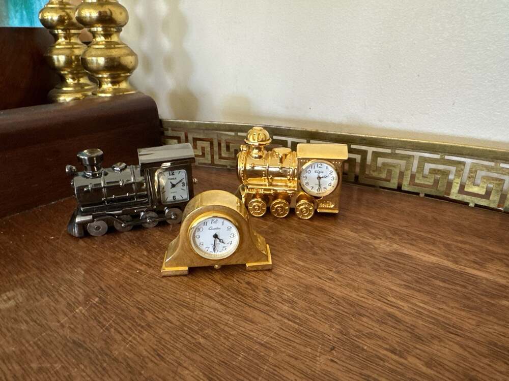 Vintage Miniature Mantel Clock Trio Set including Timex Locomotive and Elgin Ste